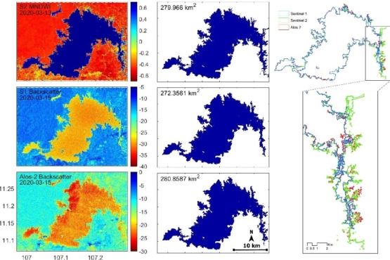 Comparison of Synthetic Aperture Radar Sentinel-1 and ALOS-2 observations for lake monitoring