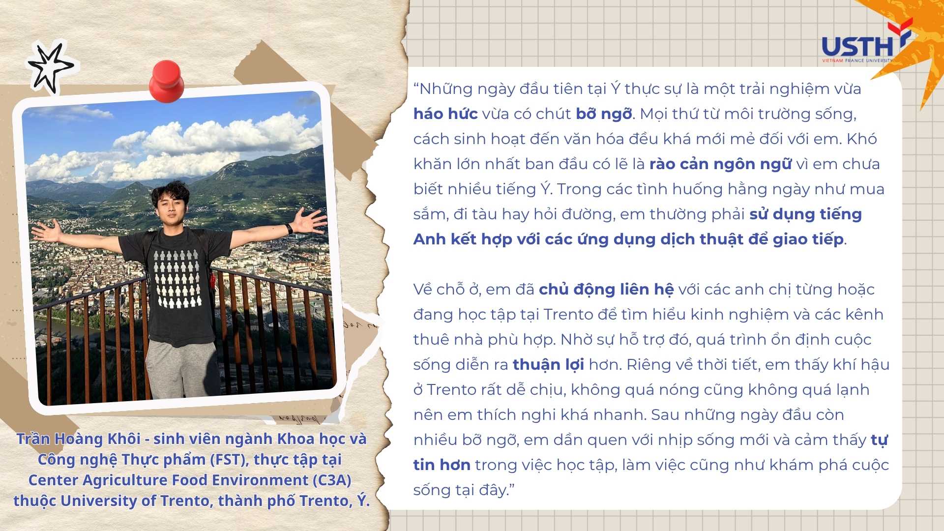 Tran Hoang Khoi shares his experience during his internship at the Center Agriculture Food Environment (C3A), University of Trento, Italy.
